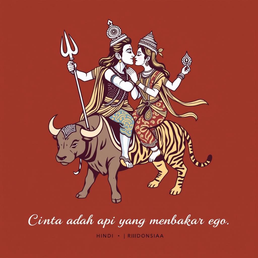 Illustration of Shiva and Parvati kissing, Shiva riding a bull and Parvati riding a tiger