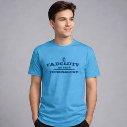 Maintain the front design of the information technology themed t-shirt. On the back, add the phrase 'Faculty of Information Technology' in a simple, modern font.