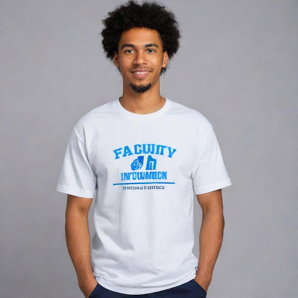 Maintain the front design of the information technology themed t-shirt. On the back, add the phrase 'Faculty of Information Technology' in a simple, modern font.