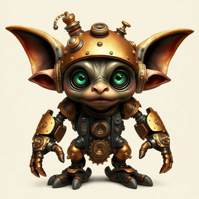 A detailed depiction of an autognome goblin, blending mechanical and fantastical elements