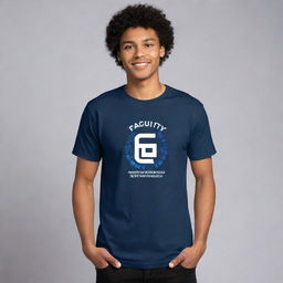 Maintain the front design of the information technology themed t-shirt. On the back, add the phrase 'Faculty of Information Technology' in a simple, modern font.