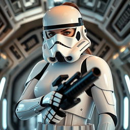 A hot female Stormtrooper from Star Wars, posing confidently in a classic Star Wars setting