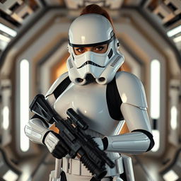 A hot female Stormtrooper from Star Wars, posing confidently in a classic Star Wars setting