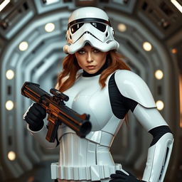 A hot female Stormtrooper from Star Wars, posing confidently in a classic Star Wars setting