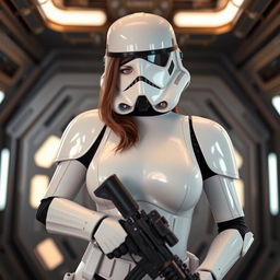 A hot female Stormtrooper from Star Wars, posing confidently in a classic Star Wars setting