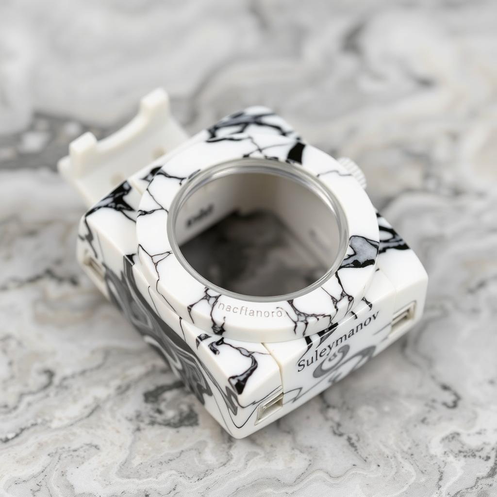 A watch case crafted from a blend of white and black plastic, creating a luxurious marble-like appearance