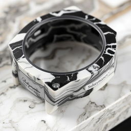 A watch case crafted from a blend of white and black plastic, creating a luxurious marble-like appearance