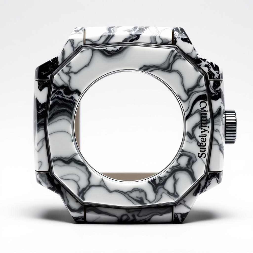 A watch case crafted from a blend of white and black plastic, creating a luxurious marble-like appearance