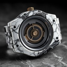 A watch case crafted from a blend of white and black plastic, creating a luxurious marble-like appearance, with the company name 'Suleymanov' elegantly embossed on the side