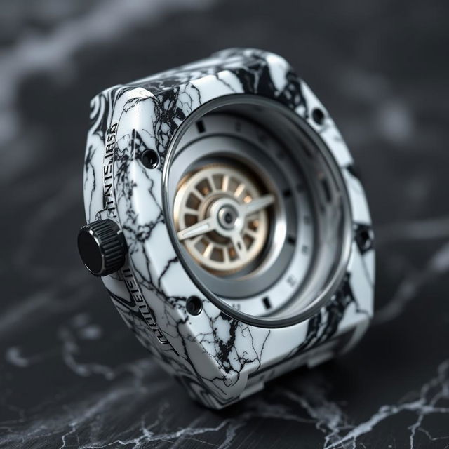 A watch case crafted from a blend of white and black plastic, creating a luxurious marble-like appearance, with the company name 'Suleymanov' elegantly embossed on the side