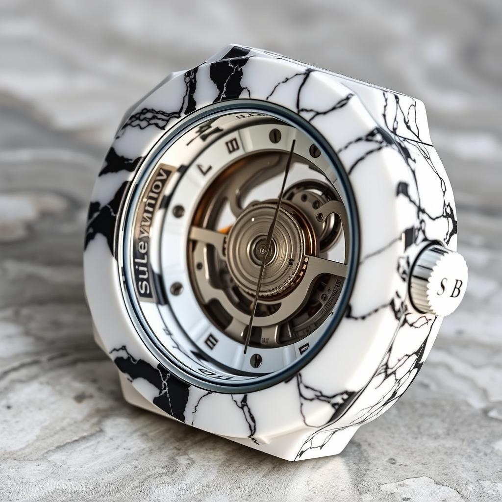 A watch case crafted from a blend of white and black plastic, creating a luxurious marble-like appearance, with the company name 'Suleymanov' elegantly embossed on the side