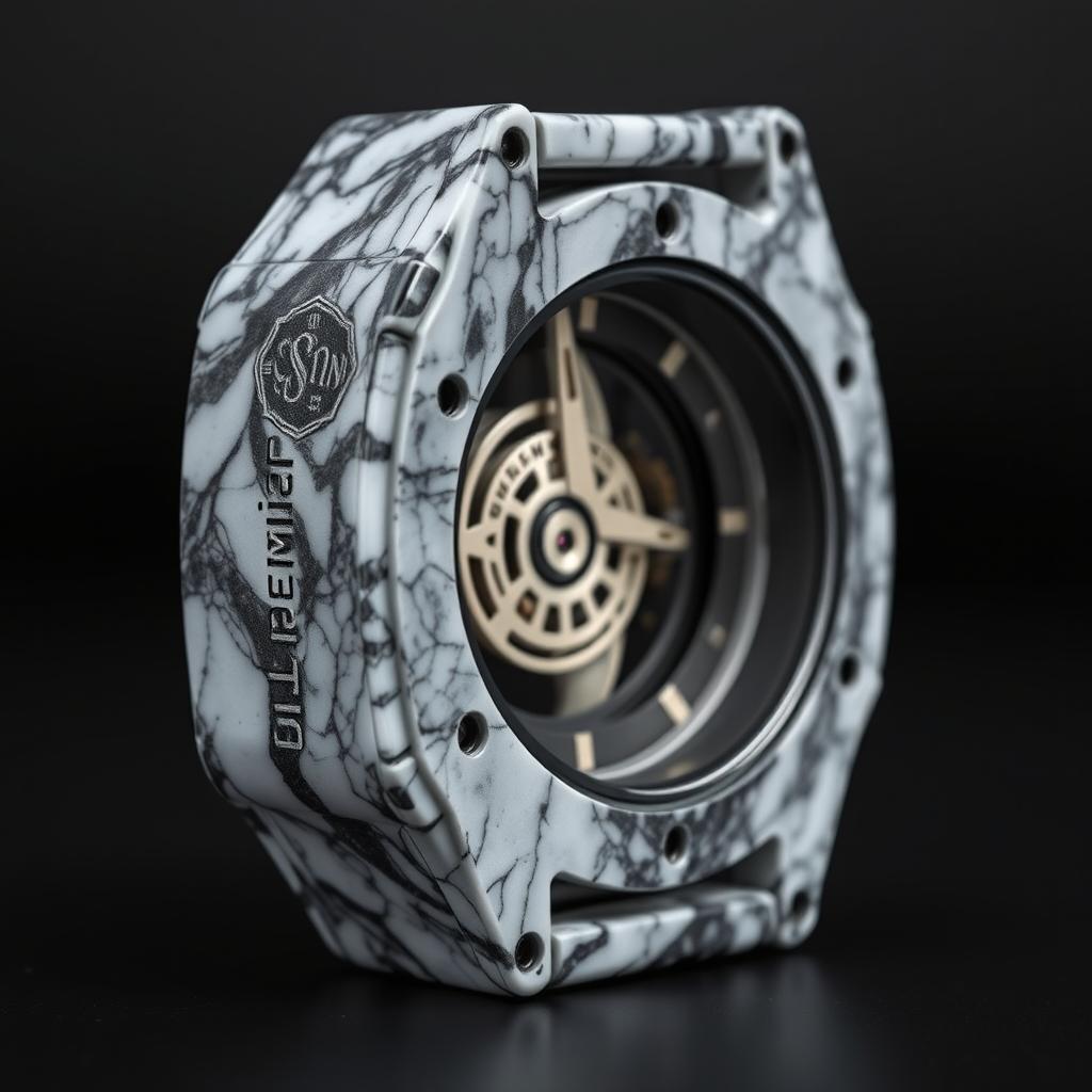 A watch case crafted from a blend of white and black plastic, creating a luxurious marble-like appearance, with the company name 'Suleymanov' elegantly embossed on the side