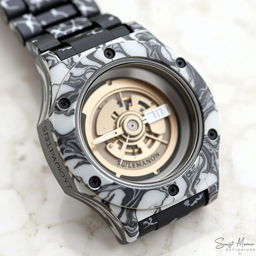 A watch case crafted from a blend of white and black plastic, creating a luxurious marble-like appearance, with the company name 'Suleymanov' elegantly embossed on the side