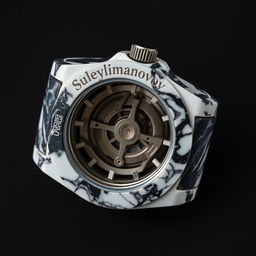 A watch case made from mixed white and black plastic, creating a marble-like appearance with the company name 'Suleymanov' engraved elegantly