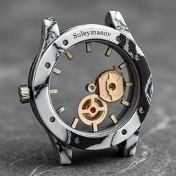 A watch case made from mixed white and black plastic, creating a marble-like appearance with the company name 'Suleymanov' engraved elegantly