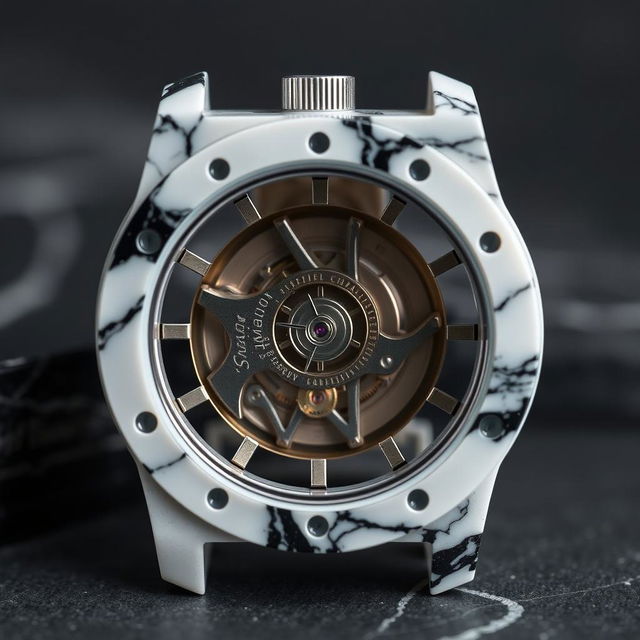 A watch case made from mixed white and black plastic, creating a marble-like appearance with the company name 'Suleymanov' engraved elegantly