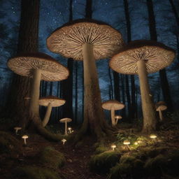 An enchanting forest under a starlit sky with delicate, glow-in-the-dark mushrooms at the base of ancient trees, their leaves whispering tales in the wind.