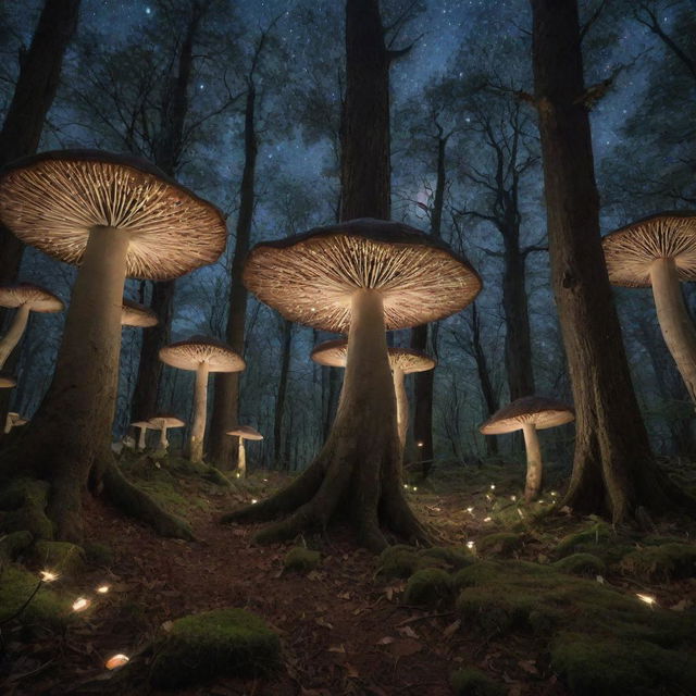 An enchanting forest under a starlit sky with delicate, glow-in-the-dark mushrooms at the base of ancient trees, their leaves whispering tales in the wind.