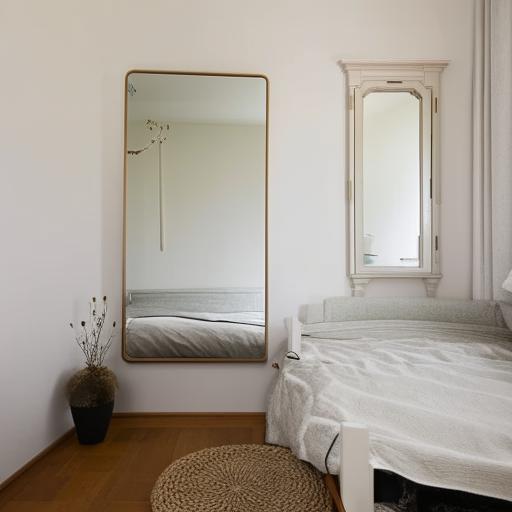 A compact yet beautiful room furnished with a single bed, a chair-table set, and a tall aesthetic mirror, all tastefully arranged to maximize style and utility.