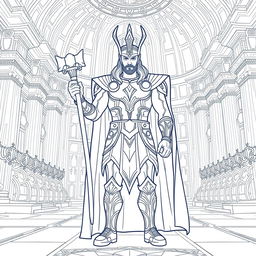 Line-art illustration of Thor's coronation as King of Asgard, featuring Thor in intricate Asgardian armor