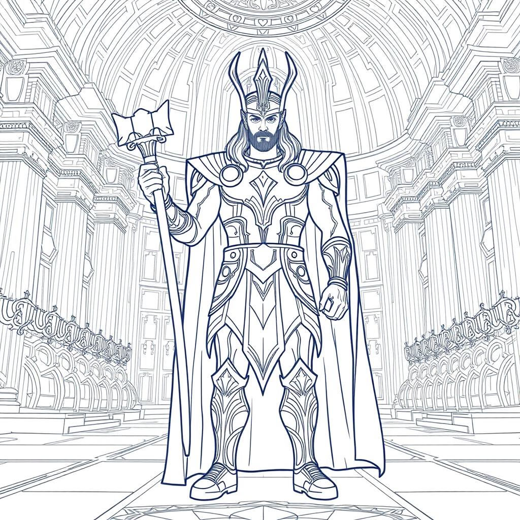 Line-art illustration of Thor's coronation as King of Asgard, featuring Thor in intricate Asgardian armor