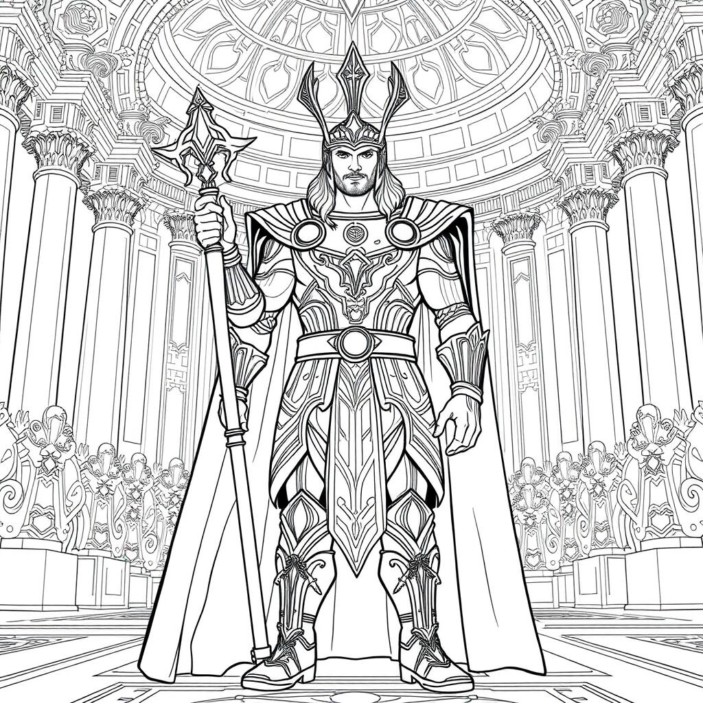 Line-art illustration of Thor's coronation as King of Asgard, featuring Thor in intricate Asgardian armor