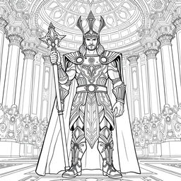 Line-art illustration of Thor's coronation as King of Asgard, featuring Thor in intricate Asgardian armor