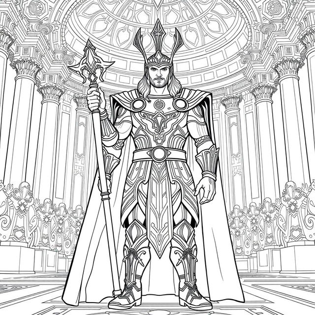 Line-art illustration of Thor's coronation as King of Asgard, featuring Thor in intricate Asgardian armor