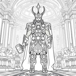 Line-art illustration of Thor's coronation as King of Asgard, featuring Thor in intricate Asgardian armor