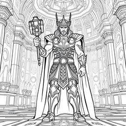 Line-art illustration of Thor's coronation as King of Asgard, featuring Thor in intricate Asgardian armor