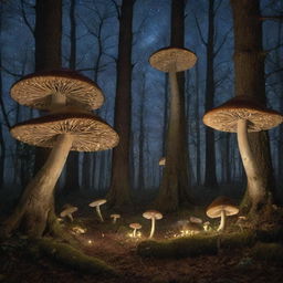 An enchanting forest under a starlit sky with delicate, glow-in-the-dark mushrooms at the base of ancient trees, their leaves whispering tales in the wind.