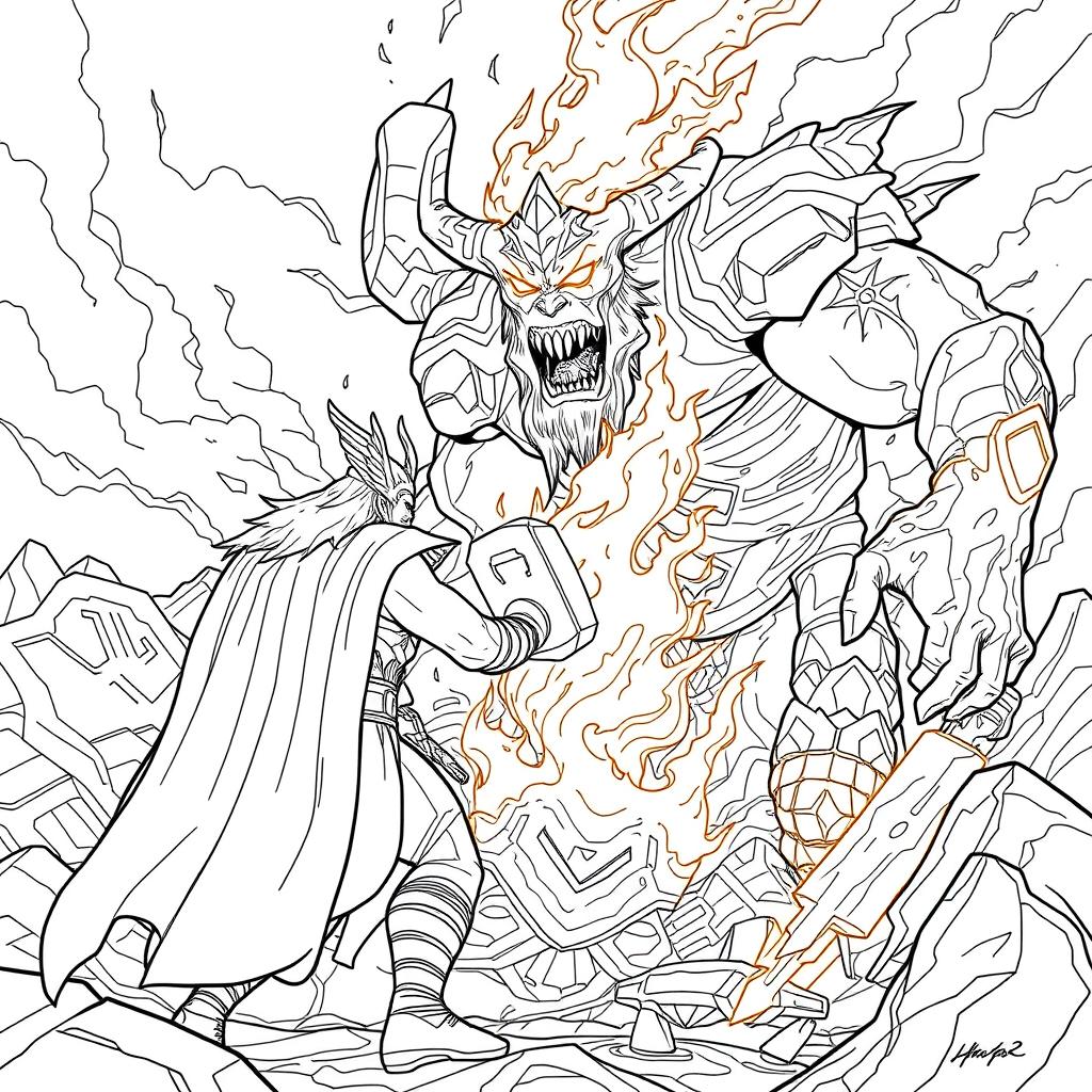 Illustrate Thor's epic battle with Surtur from 'Thor: Ragnarok