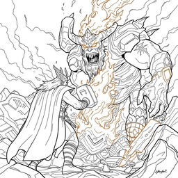 Illustrate Thor's epic battle with Surtur from 'Thor: Ragnarok