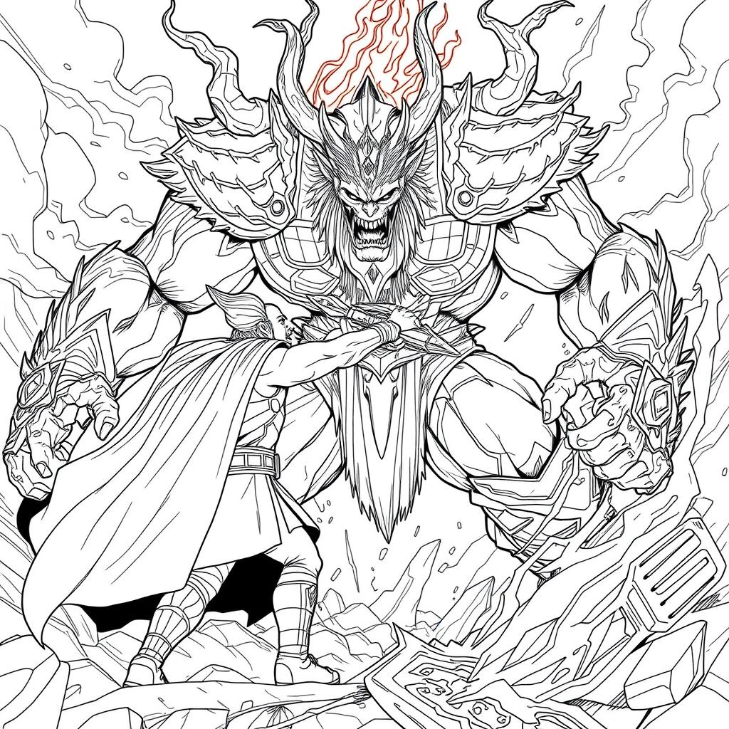 Illustrate Thor's epic battle with Surtur from 'Thor: Ragnarok