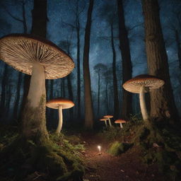 An enchanting forest under a starlit sky with delicate, glow-in-the-dark mushrooms at the base of ancient trees, their leaves whispering tales in the wind.