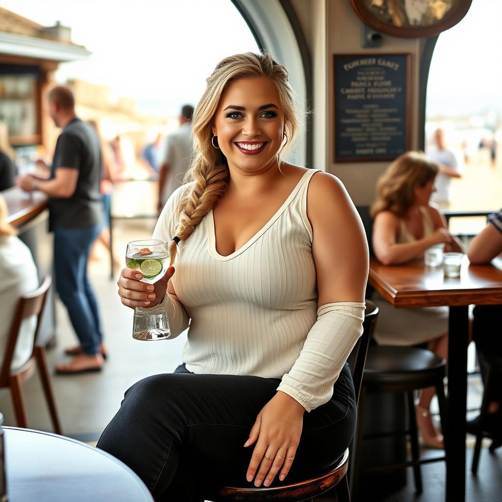 A curvy blonde woman with a sexy plait hairstyle