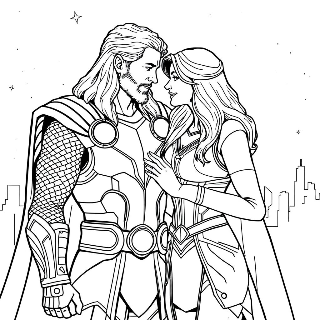 Line-art illustration of Thor and Jane Foster sharing a heartfelt moment