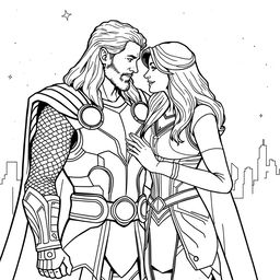 Line-art illustration of Thor and Jane Foster sharing a heartfelt moment