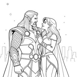 Line-art illustration of Thor and Jane Foster sharing a heartfelt moment