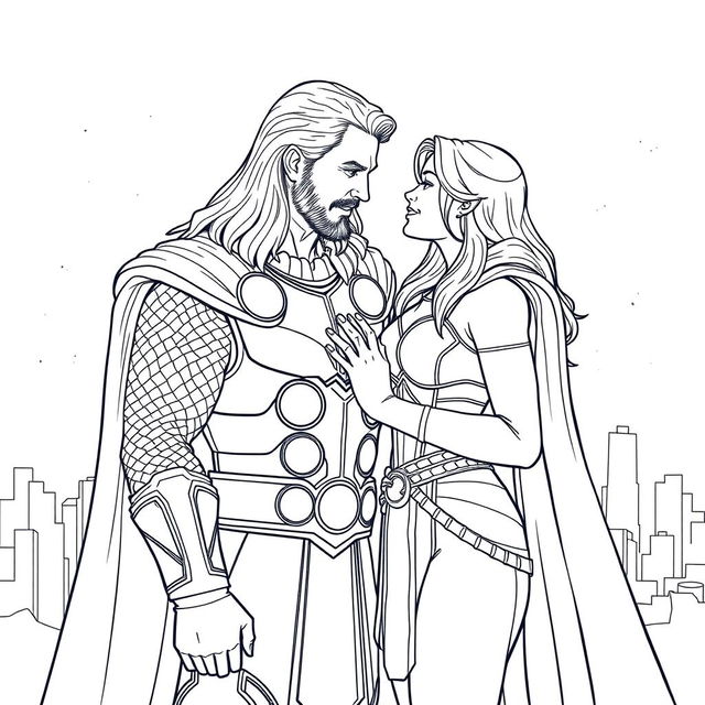 Line-art illustration of Thor and Jane Foster sharing a heartfelt moment