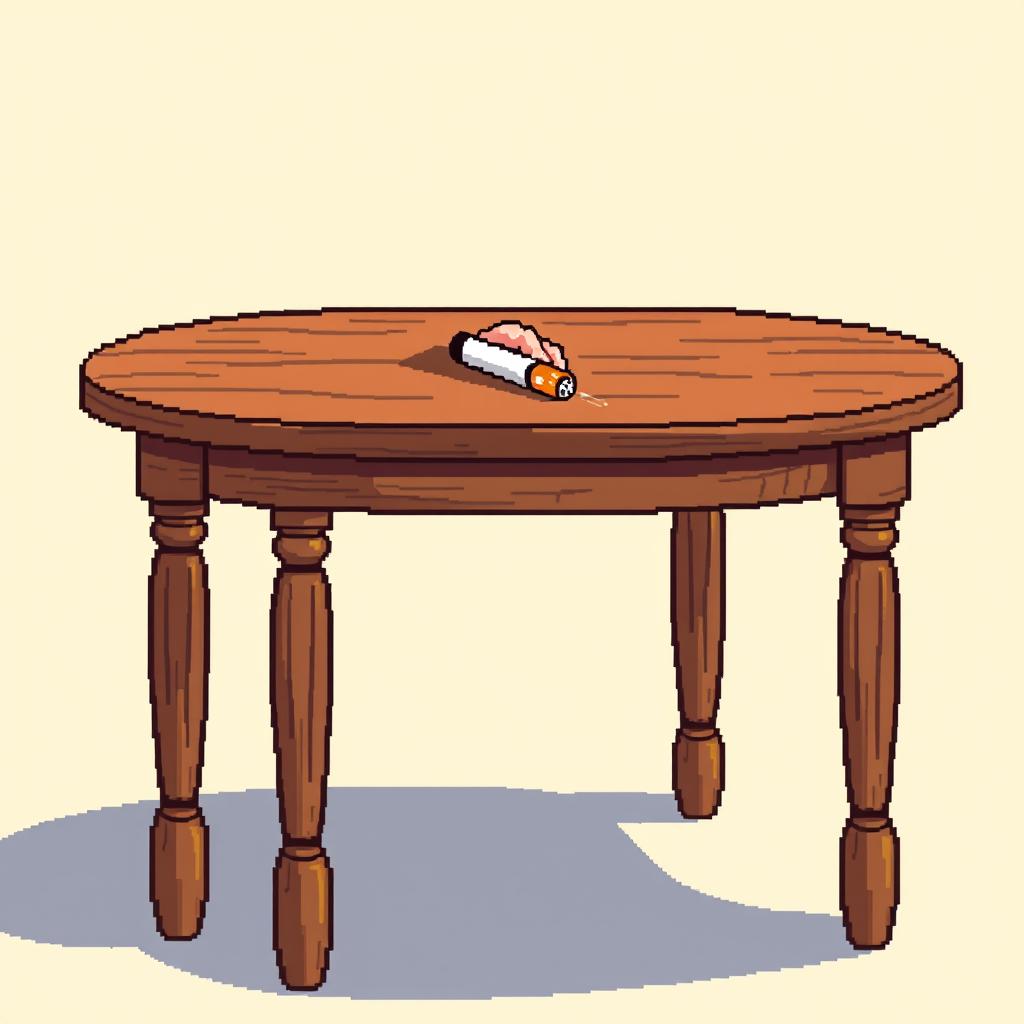 A pixel art scene depicting a wooden table with a vintage finish