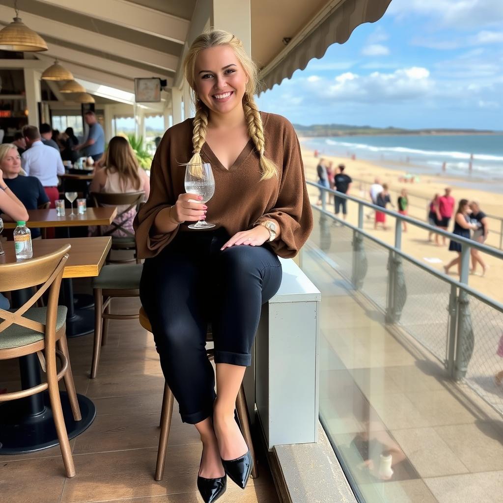 A curvy blonde woman with a sexy plait hairstyle is sitting in a cafe overlooking the picturesque beach at Lyme Regis