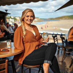 A curvy blonde woman with a sexy plait hairstyle is sitting in a cafe overlooking the picturesque beach at Lyme Regis