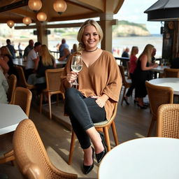 A curvy blonde woman with a sexy plait hairstyle is sitting in a cafe overlooking the picturesque beach at Lyme Regis