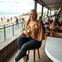 A curvy blonde woman with a sexy plait hairstyle is sitting in a cafe overlooking the picturesque beach at Lyme Regis