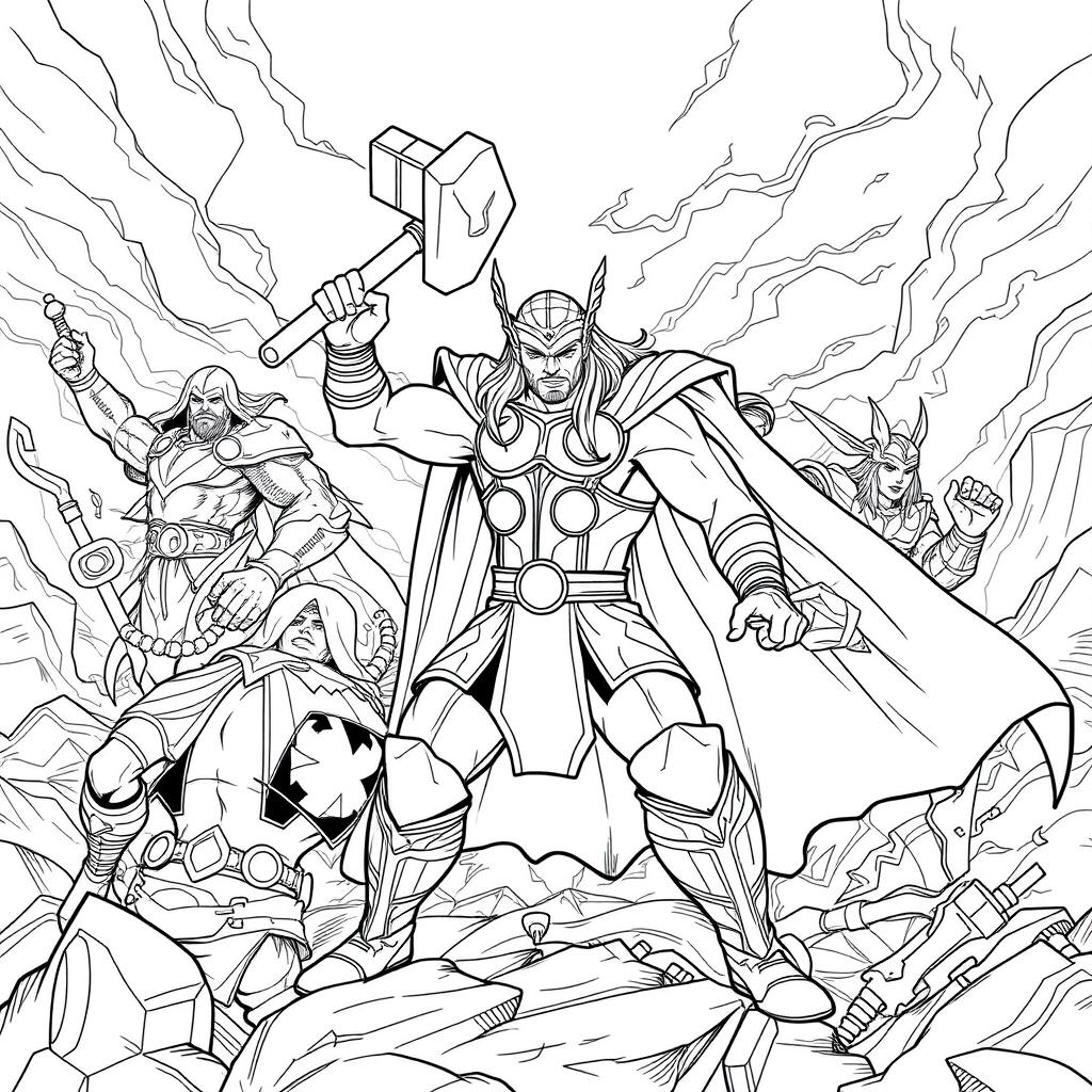 Illustrate Thor alongside the Warriors Three in a dynamic battle scene