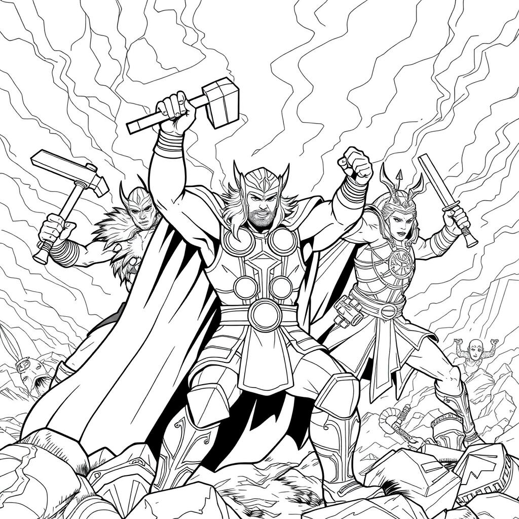 Illustrate Thor alongside the Warriors Three in a dynamic battle scene