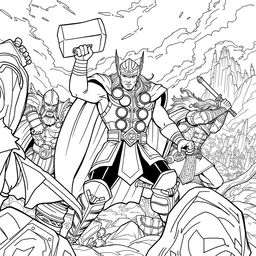 Illustrate Thor alongside the Warriors Three in a dynamic battle scene