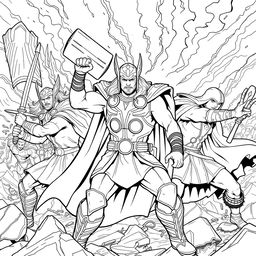 Illustrate Thor alongside the Warriors Three in a dynamic battle scene