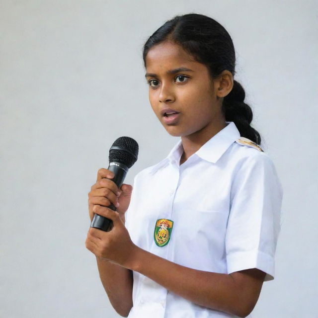 A young Sri Lankan school girl engaged in a debate. She's wearing a traditional white uniform, standing confidently on the stage with a microphone, passionately presenting her arguments.